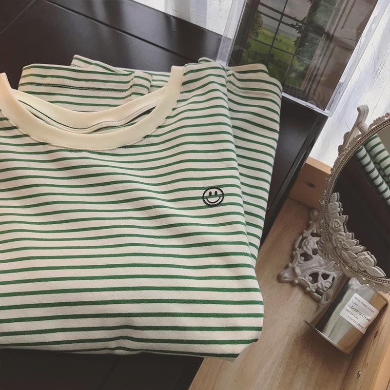 SUXI Áo Thun Tay Ngắn Cổ Tròn Dáng Rộng Thêu Họa Tiết Kẻ Sọc Thời Trang Mùa Hè Xinh Xắn Cho Nữ