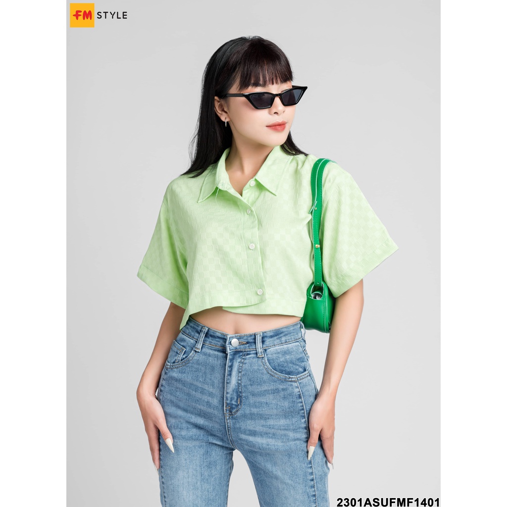 Áo sơ mi nữ FM STYLE cổ bẻ dáng croptop vạt chéo chất vải xốp dập nổi thời trang thiết kế phong cách cá tính 23010882