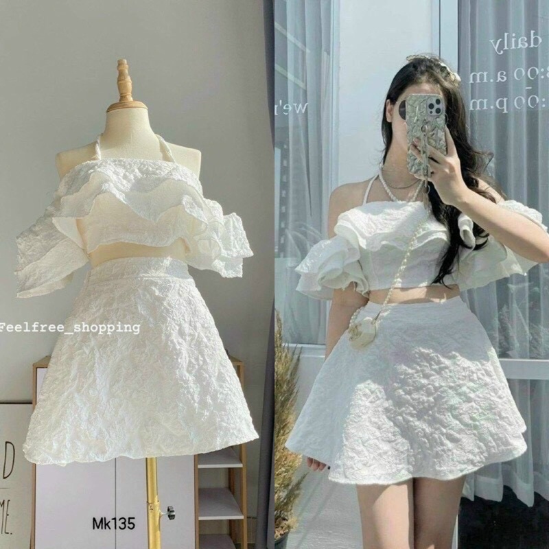 Set áo trễ viền bèo mix chân váy chữ A chất gấm xốp siêu xinh