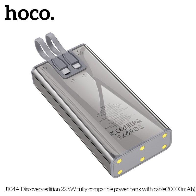 Pin dự phòng Hoco J104A 20000mAh QC3.0 22.5W, PD TypeC 20W, Kèm 2 cáp sạc (Xám) - Hãng phân phối