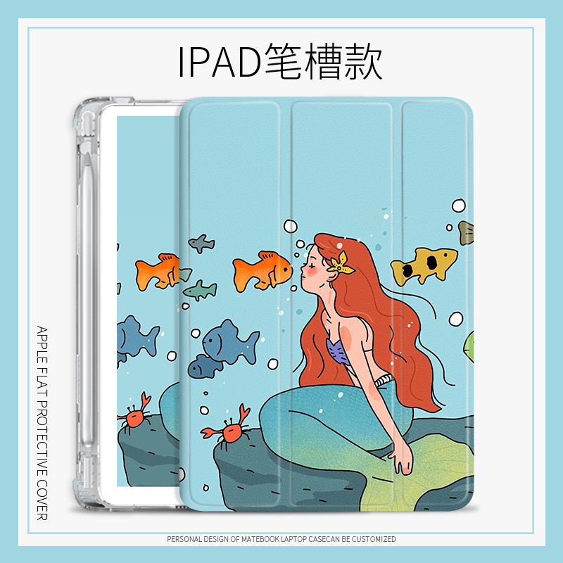 Bao Da Máy Tính Bảng Có Túi Khí Gập Ba Khúc In Hình Nàng Tiên Cá Cho iPad mini 4 / 5 / 6 air 1 / 2 / 3 / 4 / 5 7 8 9 pro gen 10 11 2021 / 2022 Ốp