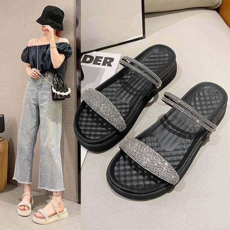 Dép bánh mì quai ngang đính đá bảng to đi được hai kiểu cao 4cm