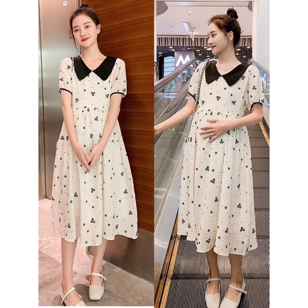 Siêu đẹp-Váy bầu thiết kế hoa đen nền trắng phối cổ đen điểm nhấn váy xin xắn-Chất đũi xốp mềm mại phù hợp mọi công việc