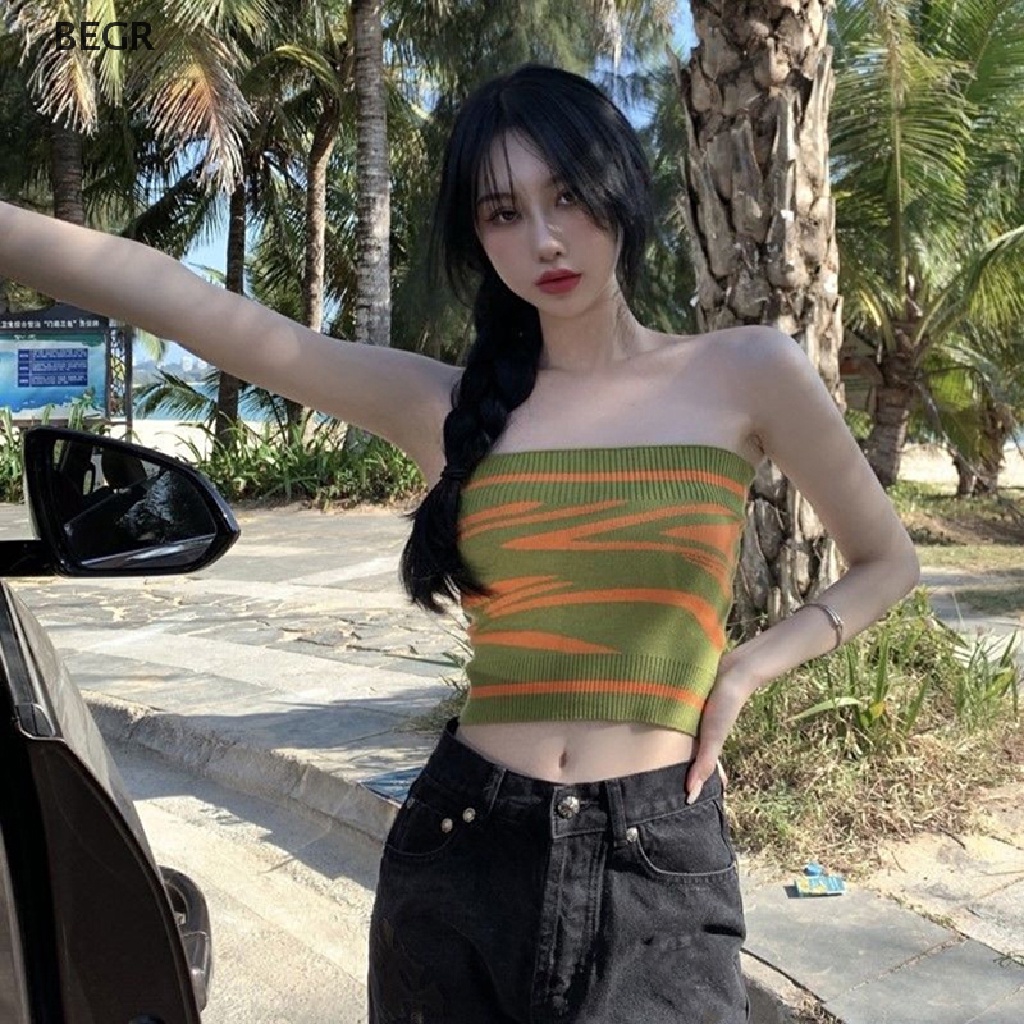 Áo Croptop Dệt Kim Không Tay Trễ Vai In Kẻ Sọc Màu Xanh Lá Thời Trang Đường Phố Cho Nữ vn