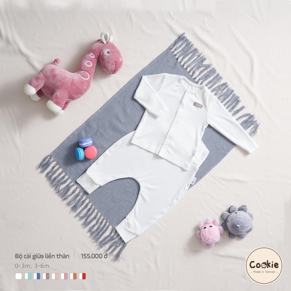 Bộ quần áo dài tay Cookie cài giữa phối tay trắng 0-6 tháng
