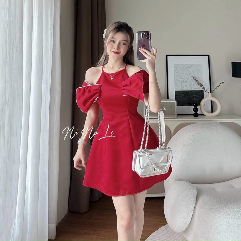 Váy đầm nữ cổ yếm phối tay xếp tầng viền giả nơ siêu xinh