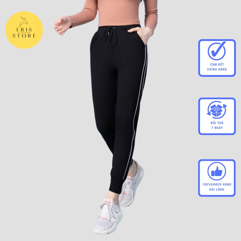 Quần Jogger nữ Eris cạp chun dáng baggy đứng vải umi co dãn ống rộng viền hạt ánh kim tuyến mặc đi chơi tập gym màu đen