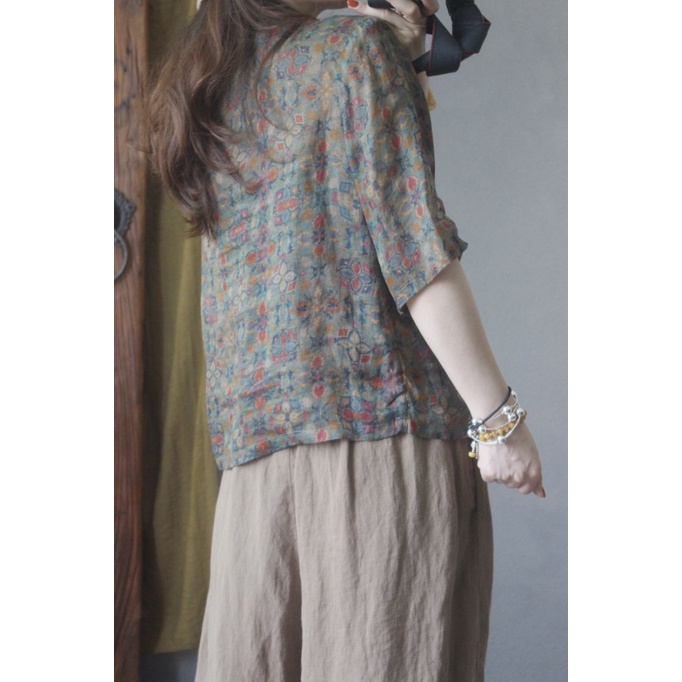 ICE Cotton Linen Printing Chinese Knot Button Shirt Niche Top Western Style Youthful-Looking Female Retro and Hipster Style