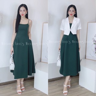 Set váy 2 dây xòe dáng dài có túi mix áo khoác vest croptop tay ngắn LEOSWEARING N30