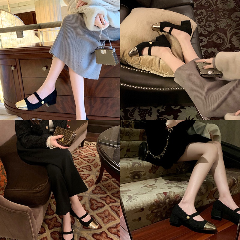 Giày búp bê gót vuông 5cm quai ngang cho nữ thời trang mùa xuân 2023