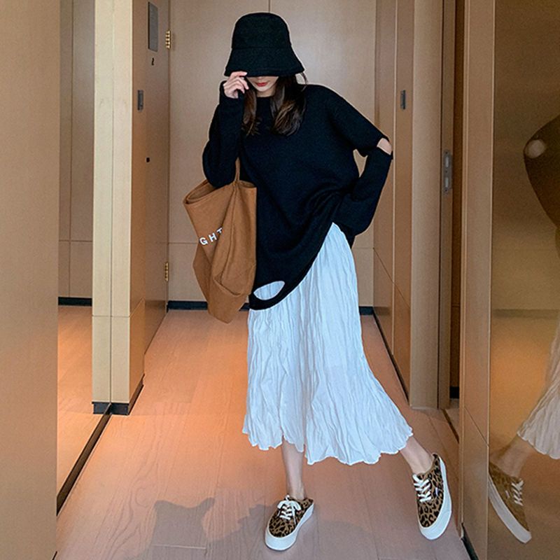 Chân Váy Đen Xếp Ly Dáng Chữ A Lưng Cao Thời Trang Thu Đông Cho Nữ