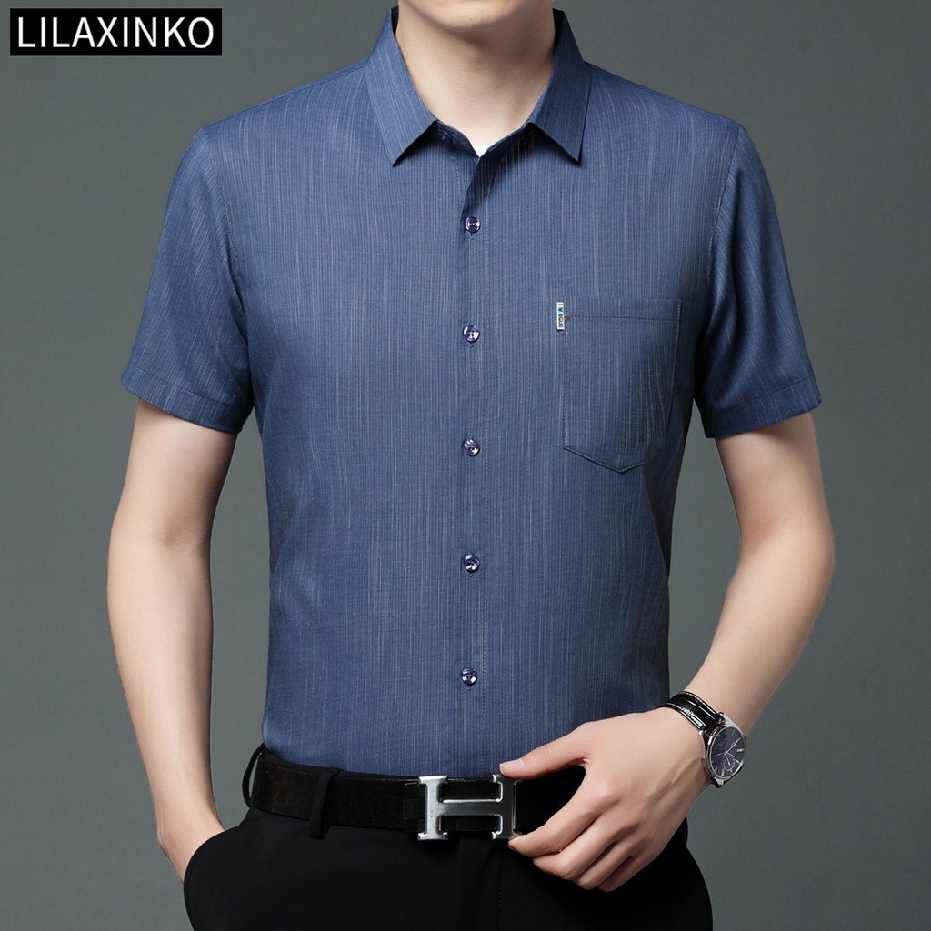 Áo Sơ Mi Cotton Ngắn Tay Họa Tiết Kẻ Sọc 5 Màu Tùy Chọn Thời Trang Cho Nam