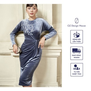 Đầm OZ Design House DA05274WIN22 nhung cổ tròn khít rút nhún chân eo thêu đính cành lá màu ghi