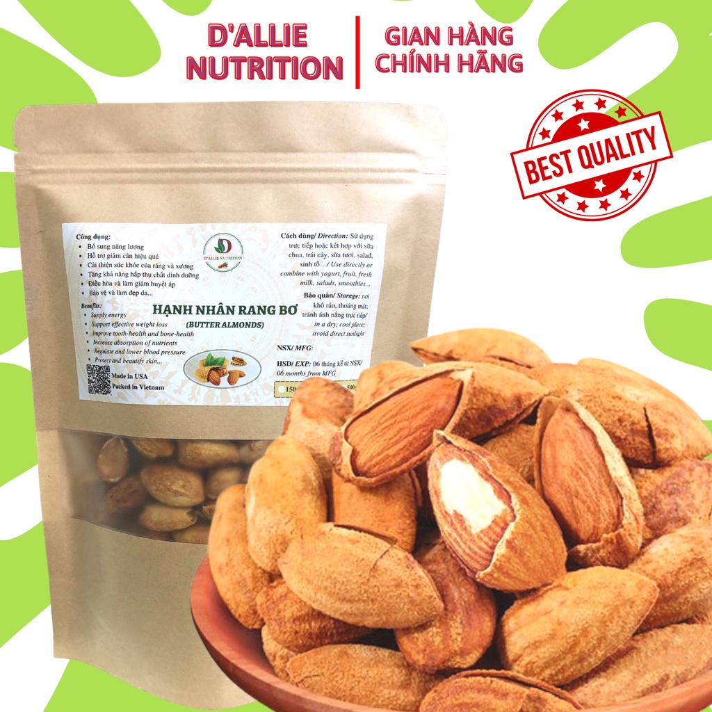 Hạnh Nhân Rang Bơ vỏ mỏng nhập khẩu Mỹ ăn vặt không béo, bổ sung năng lượng, tốt cho sức khỏe D'ALLIE NUTRITION