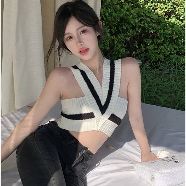 Áo Dệt Kim Không Tay Cổ Chữ V Dáng Ôm Phong Cách Retro Mùa Hè Dành Cho