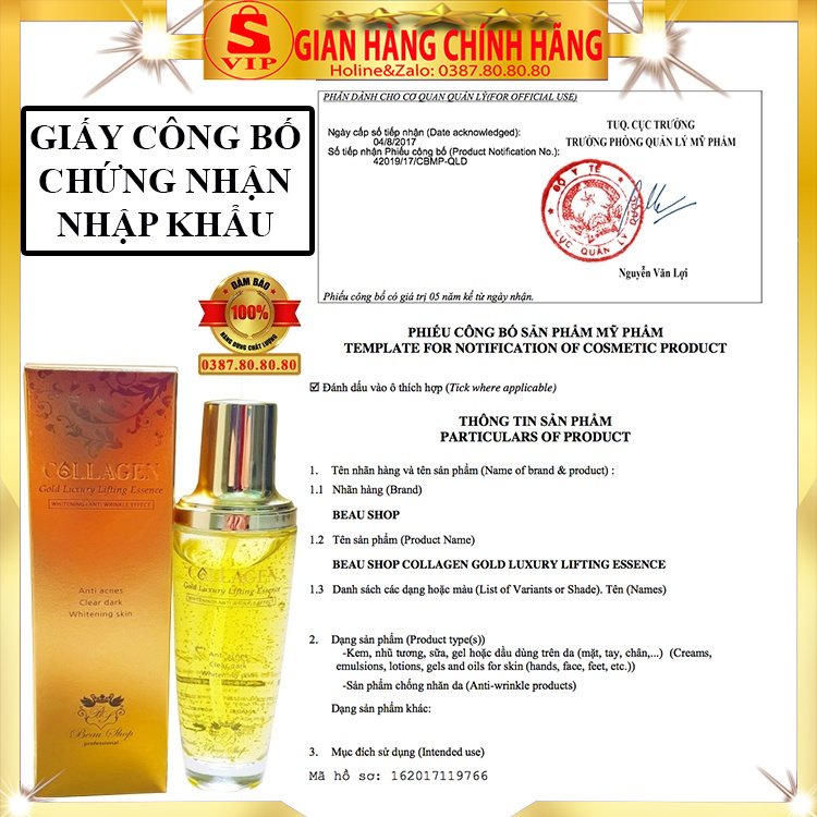 Serum tinh chất vàng 24k hàn quốc chính hãng Beau Shop collagen gold luxury dưỡng trắng da mặt da cổ mờ thâm nám 130ml