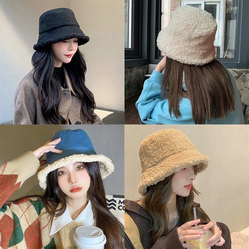 Mũ Len Lông Cừu Dày Hai Mặt Kẻ Sọc Đa Năng Giữ Ấm Cho Nữ