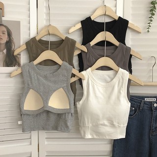 Áo croptop hai dây có mút ngực dáng ngắn ôm body đường may viền nổi 5 màu trơn, áo ba lỗ thun trơn phong cách Hàn Quốc
