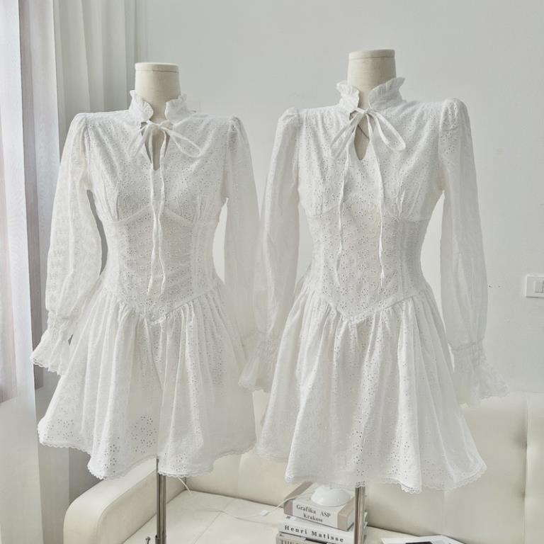 Váy Thô Ren Trắng Cổ V Tay Chun Tiểu Thư Siêu Xinh Hàng 2 Lớp Samiboutique