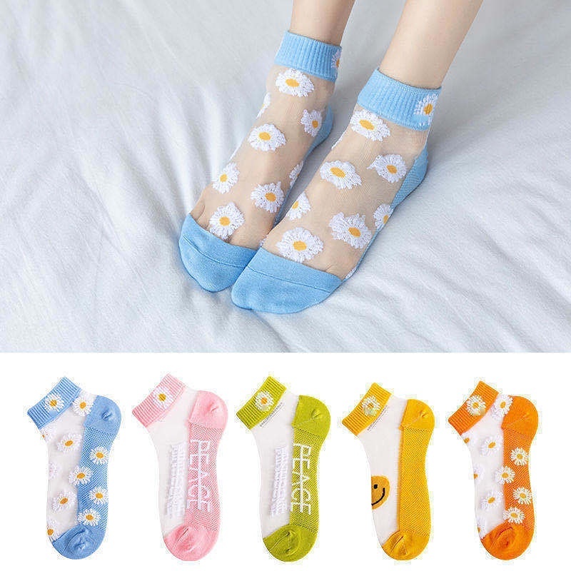 Set 5 Đôi Vớ Trong Suốt Siêu Mỏng Họa Tiết Hoa Cúc Phong Cách Harajuku Dễ Thương Thời Trang Mùa Hè Cho Nữ