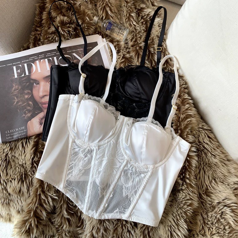 Áo corset, Áo bra dáng lửng vải lụa mềm phối ren hoa có gọng nâng sexy THE CELYNBRA - AL33