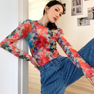 Áo Thun Tay Dài Cổ Tròn Dáng Ôm In Họa Tiết Hoa Phong Cách Cổ Điển Thời Trang Xuân Thu Xinh Xắn Cho Nữ