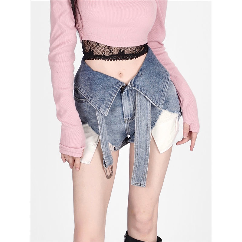Jiashucheng Quần Short Denim Giả Hai Mảnh Phối Thắt Lưng Phong Cách Mới Cho Nữ