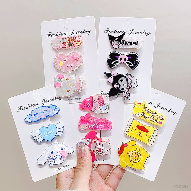Bộ 3 Kẹp Tóc Hình Thỏ Sanrio Hello Kitty Kuromi Cinnamon Dễ Thương Cho Bé Gái