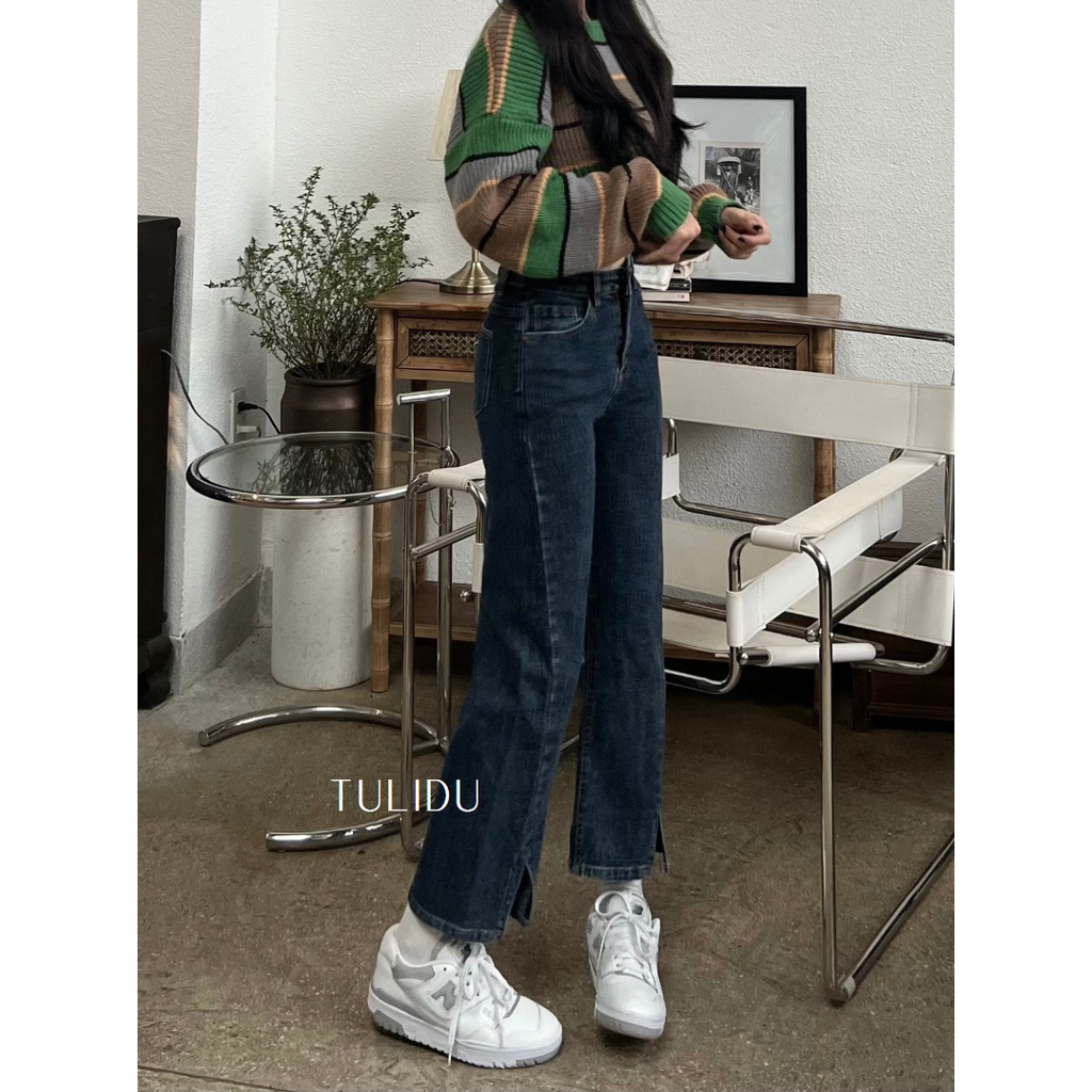 Quần Jean Ống Đứng Xẻ Gấu Giữa Thời Trang Chất Cotton Co Giãn Mềm Mịn