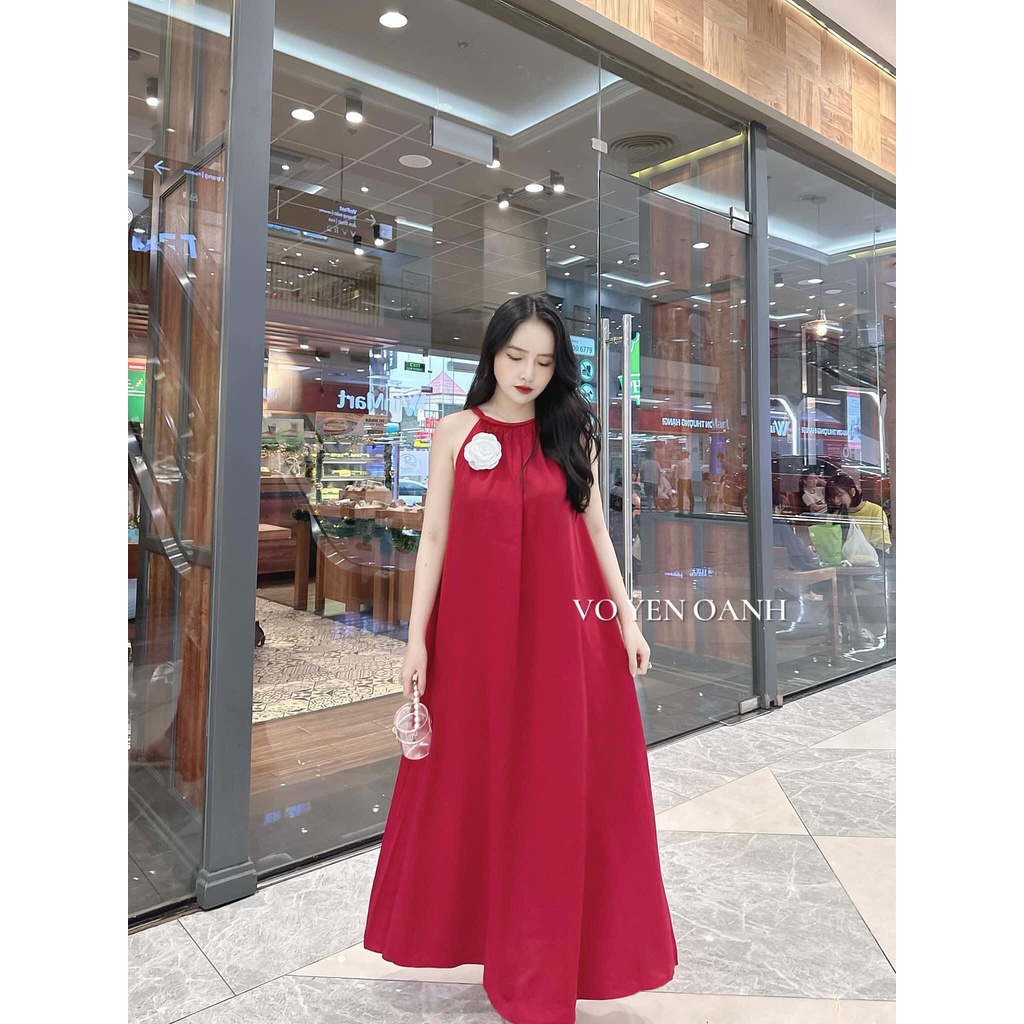 [3.3 Sales Freeship] Đầm maxi đi biển nhiều màu sắc, đầm lụa cổ yếm đính hoa dáng dài qua gối mặc đi tiệc sang trọng