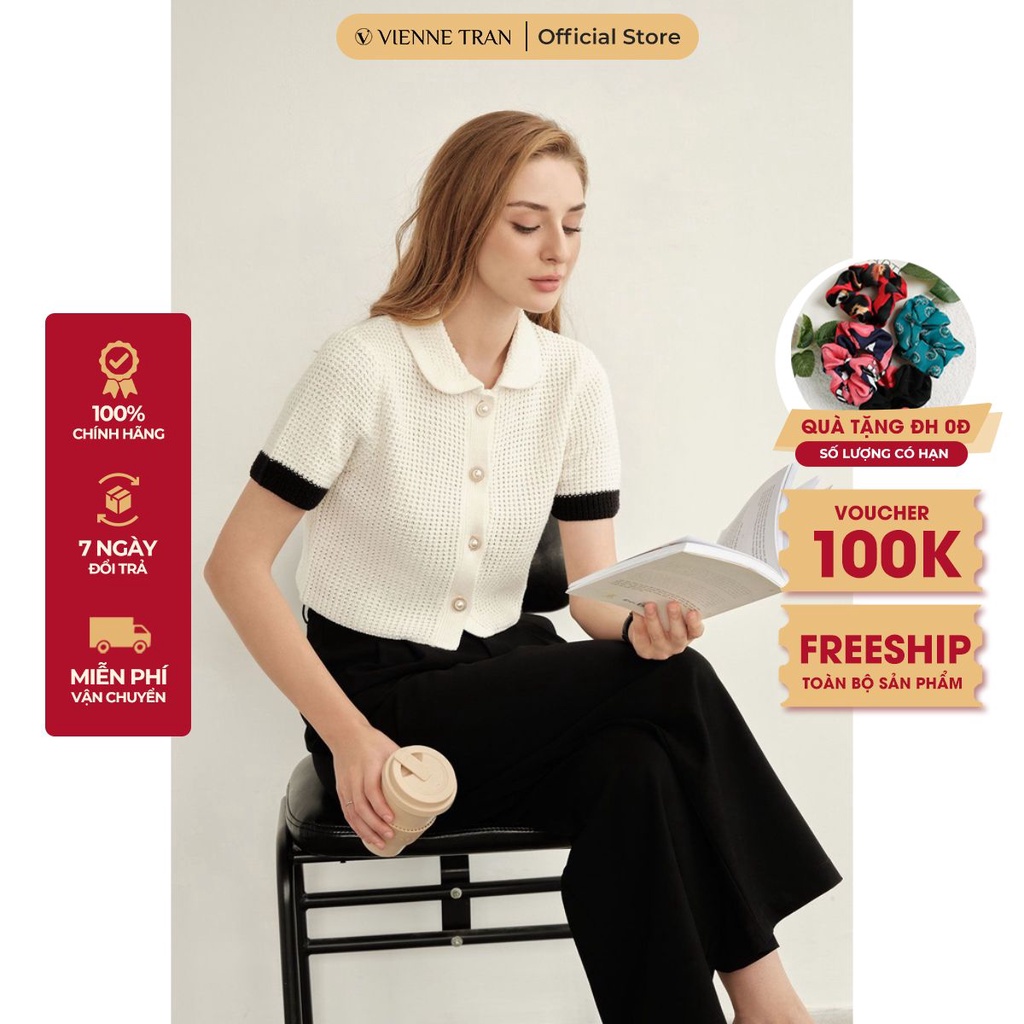 Áo len croptop nữ cổ bẻ - Áo cardigan len ngắn tay cúc ngọc VIENNE TRAN V65C22T027