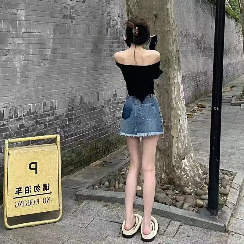 Jiashucheng Chân Váy Denim Chữ a Lưng Cao Dáng Ôm Màu Xanh Dương Thời Trang Mùa Hè Cho Nữ