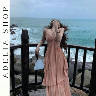 Sẵn -「ADELIA」Đầm Maxi Dáng Dài 2 Dây Khoét Lưng Gợi Cảm DH33 Phong Cách Pháp, Đầm Đi Biển Maxi Dáng Dài Màu Hồng Nhạt