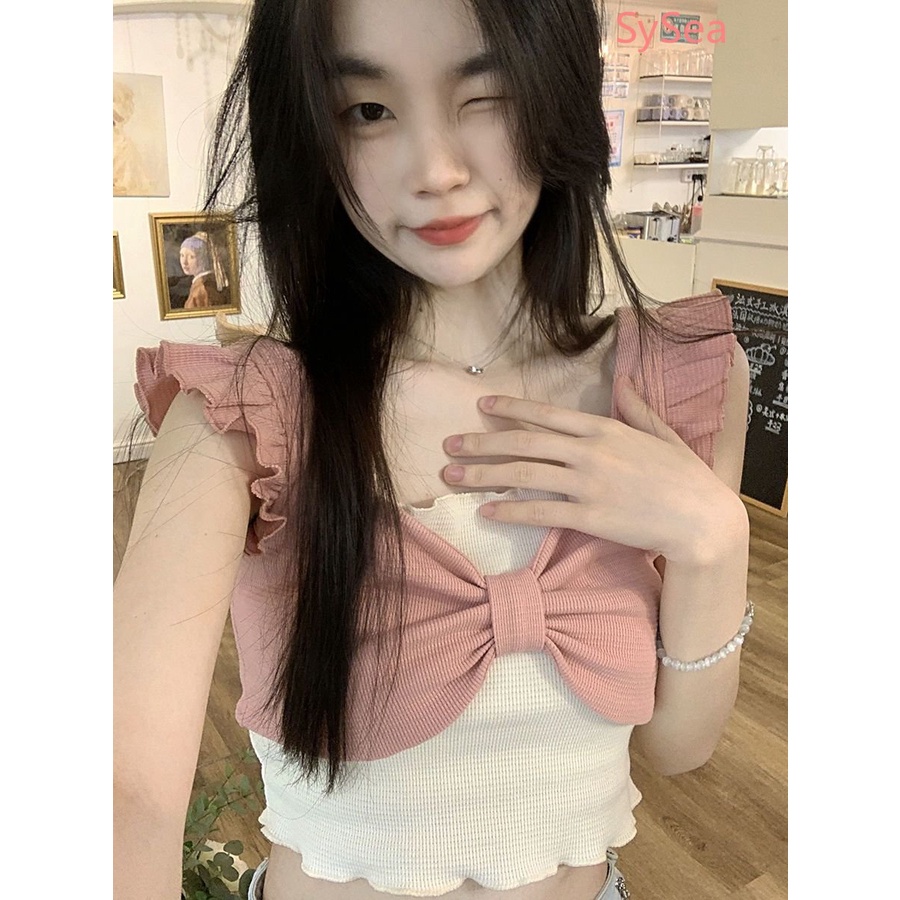 Áo Hai Dây Mùa Hè Thắt Nơ Phong Cách Pháp Cho Nữ