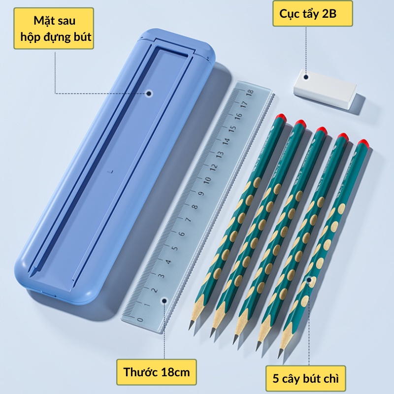 Bút Chì Hộp Thông Minh Gọn Nhẹ Siêu Bền Có 5 Cây Bút Chì 2B Thước Kẻ Và Cục Tẩy Sandrine HB-02 - Hàng Chính Hãng