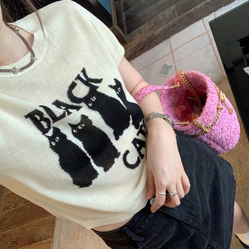 Áo Thun Dệt Kim Tay Ngắn Màu Sắc Tương Phản Thời Trang Mùa Hè