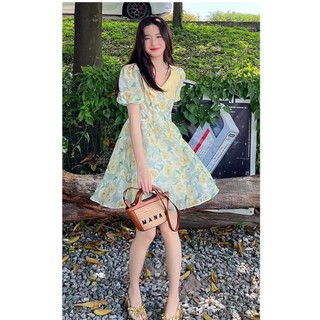 Váy Nữ Xòe Dáng Ngắn Tơ Hoa Cổ Sen Phối Màu Hàng Quảng Châu V3064