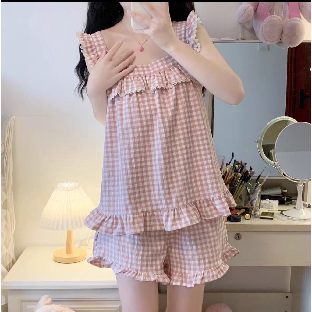 Bộ 2 dây mặc nhà cánh tiên dáng rộng, quần áo ngủ nữ chất liệu kẻ xốp bèo ren dễ thương phong cách Hàn Quốc