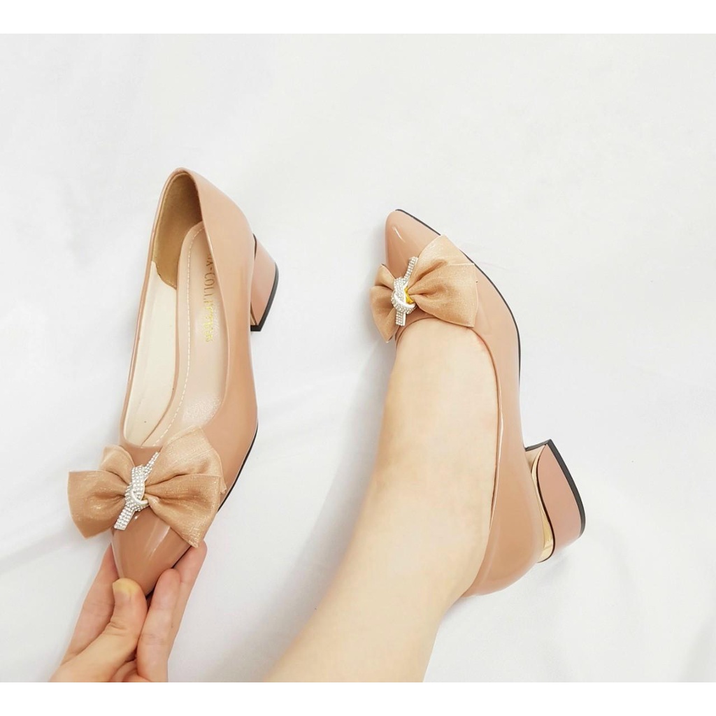 Giày cao gót nữ giày gót vuông 3cm giày búp bê nơ đá 3P