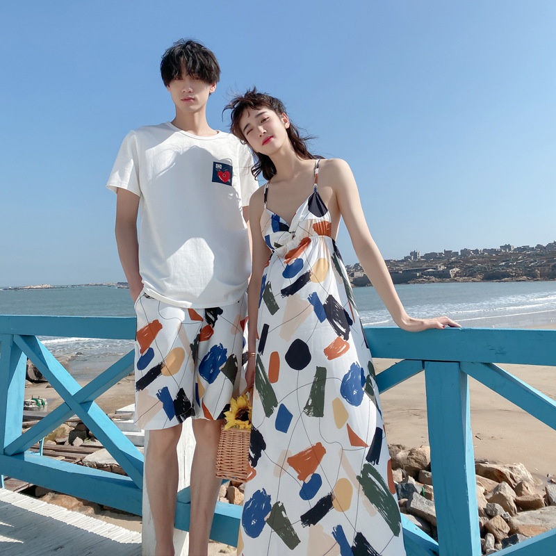 Đảo tình nhân-Bãi biển Du lịch Kỳ nghỉ Gió Cặp đôi Váy hai dây Thắt eo Váy hở lưng Bộ áo thun ngắn tay Đi biển Mùa hè Mới đồ bộ đôi