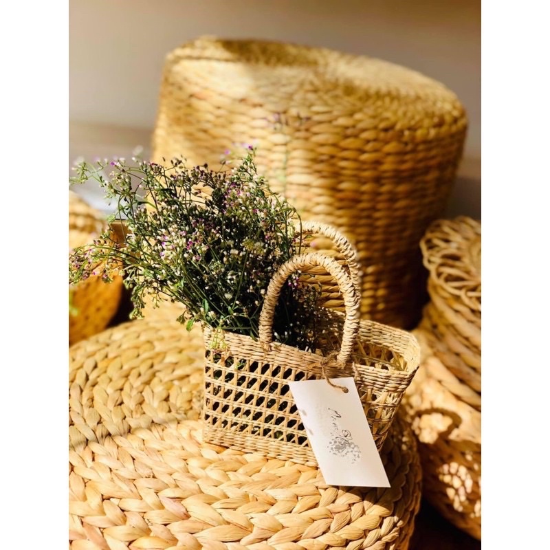 Túi cói mini, túi cói handmade cắm hoa hoặc cho bé xách