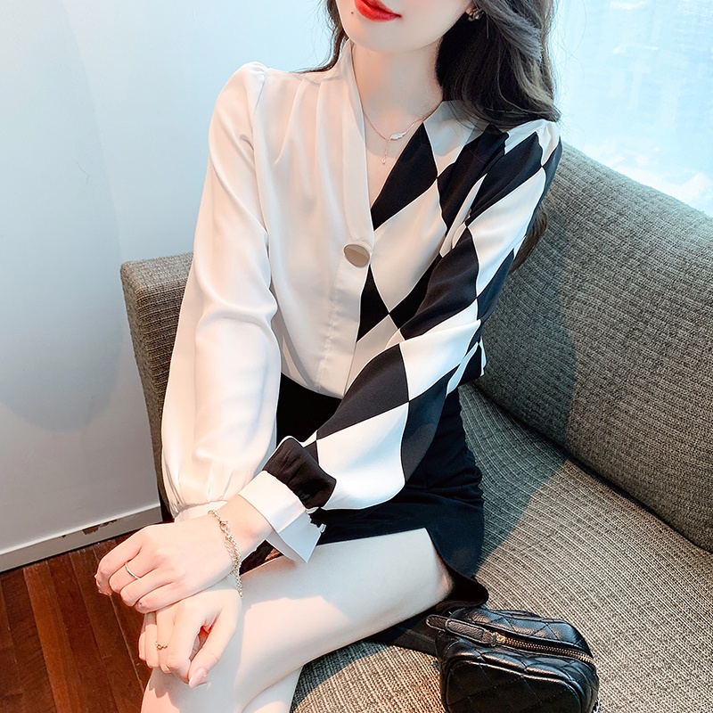 Áo Sơ Mi Ngắn Lưng Cao Cổ Chữ V Dáng Rộng Thời Trang Mùa Xuân Mới Cho Nữ