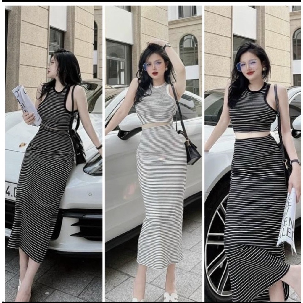 Set áo ba lỗ croptop sọc ngang phối viền kèm chân váy ôm body dáng dài kẻ sọc chất thun gân (freesize dưới 55kg)