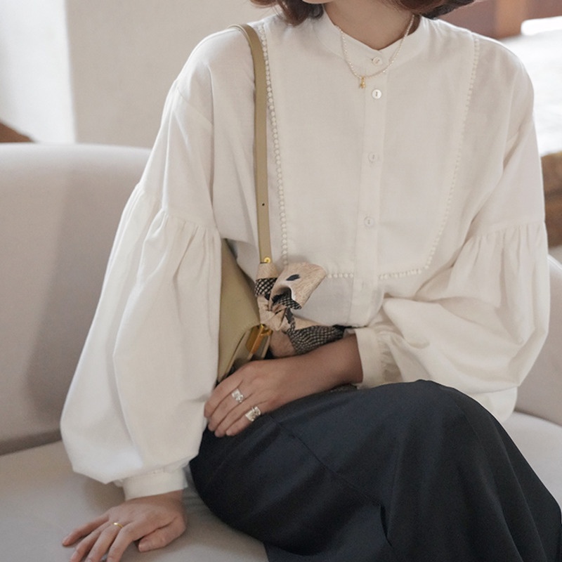 Áo Sơ Mi Tay Dài Phồng Cổ Tròn Dáng Rộng Thời Trang Hàn Quốc