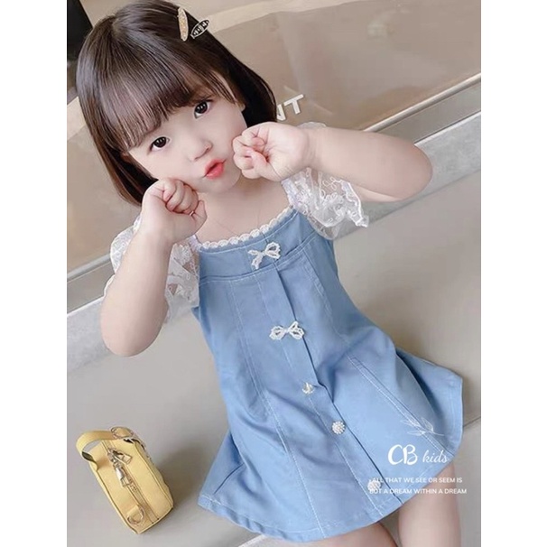 Váy đầm bé gái- Váy jean bò mềm tay ren bồng tiểu thư siêu xinh cho bé 9-18kg - SSK11