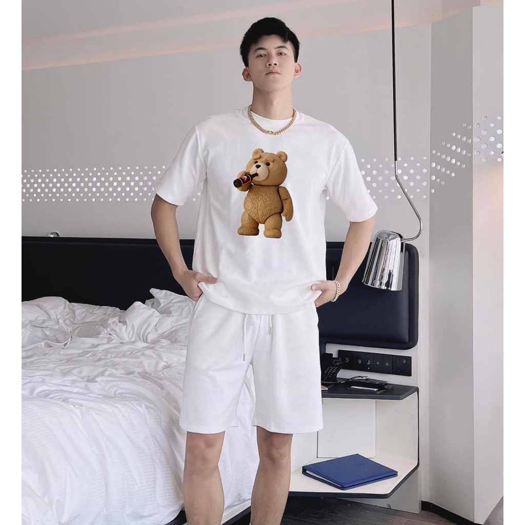 Áo Phông Cộc Tay Cổ Tròn Phối Họa Tiết Gấu Bearr Chai Rượu Thoáng Khí, Cotton Khoo 100% Mềm Mịn