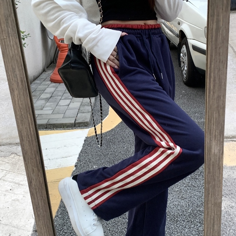 ZHELIHANGFEI Quần Thể Thao Ống Rộng Lưng Cao Phối Màu Sắc Tương Phản Thời Trang