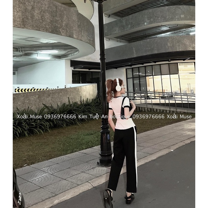 SET ÁO TRẮNG ÔM KÈM CHÂN VÁY MAXI ĐEN VIỀN MÀU