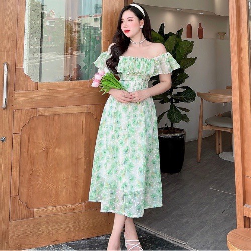 Đầm trễ vai dáng dài, váy trễ vai đi biển, đi tiệc Chất liệu voan tơ hạt