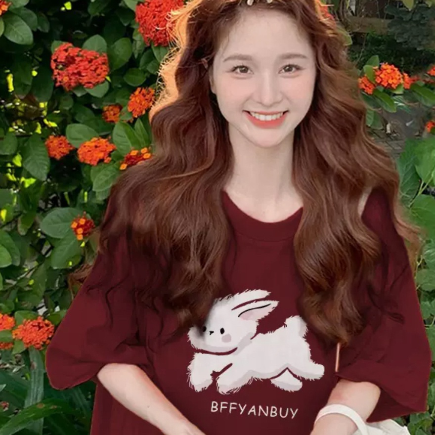 Áo thun SUXI tay ngắn cổ tròn dáng rộng cotton in họa tiết thời trang mùa hè cho nữ